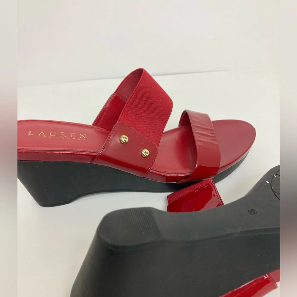 *Lauren Ralph Lauren Rihanna Red Patent Leather Platform Wedge Slip on Sandal#SR